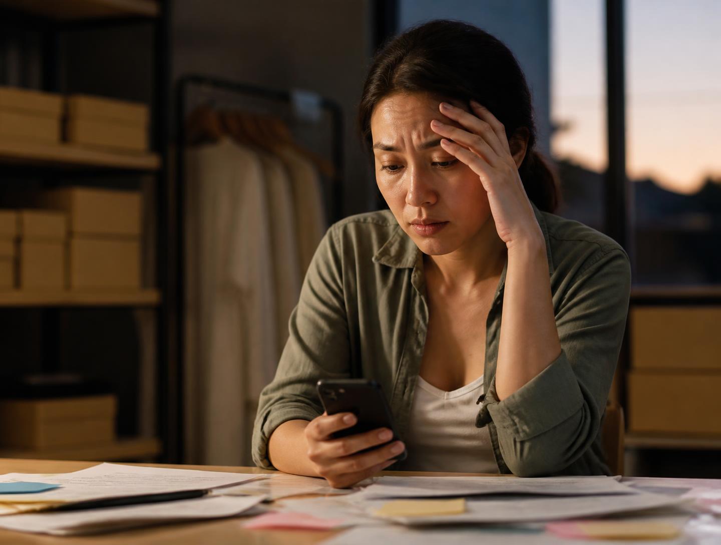 Business owner at a desk after hours, phone in hand and paperwork spread across the table