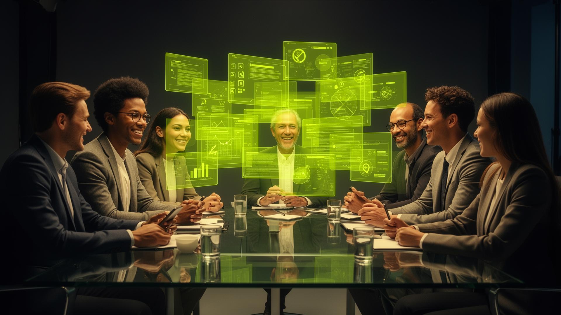 Strategy team collaborating around floating green holographic dashboards